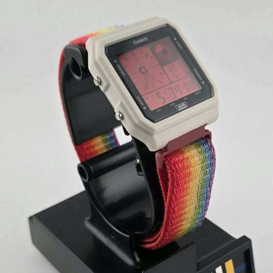 Casio LF20W-8A Modified | POP Rainbow | With Red Tint | Rainbow Nylon Loop Strap | Retro Style Watch Gift