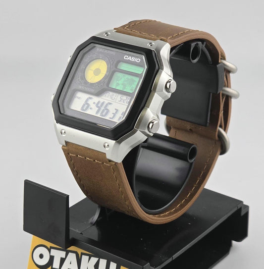 Casio AE-1200 Modified. Color Filtered LCD Watch on Brown Leather Strap