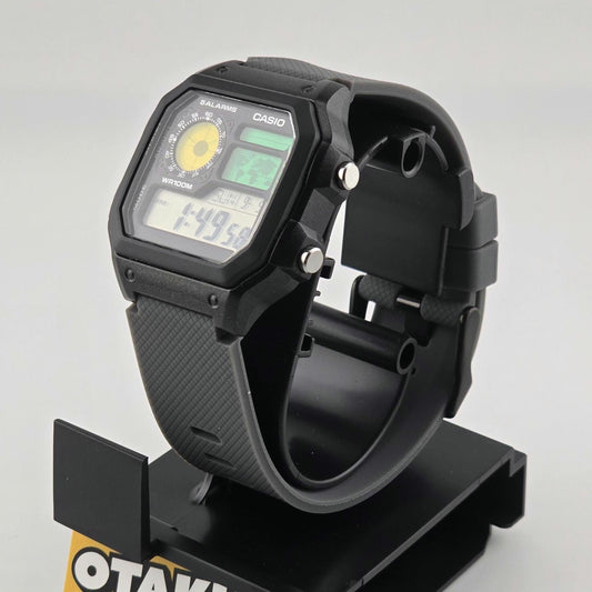 Casio AE-1200 Modified (Black). Color Filtered LCD Watch on Grey Sports Silicon Strap