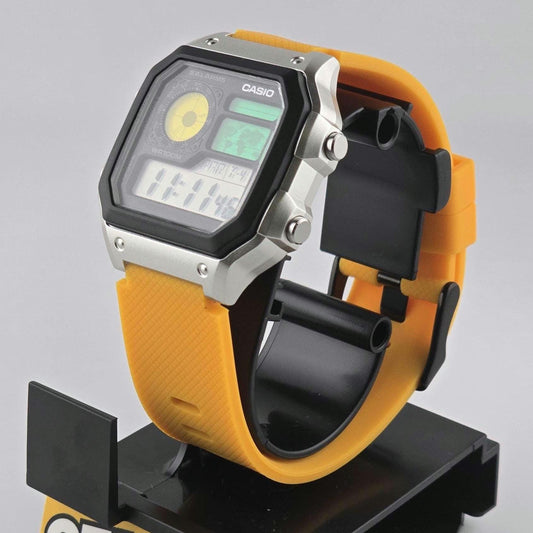 Casio AE-1200 Modified. Color Filtered LCD Watch on Orange Sports Silicon Strap