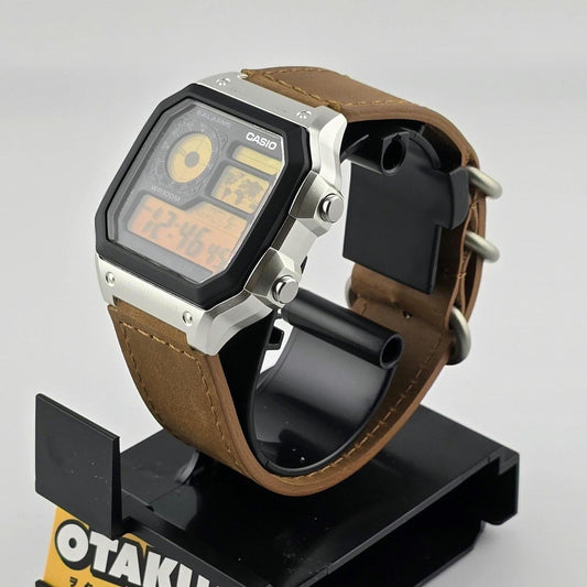 Casio AE-1200 Modified. Sunrise Color Filtered LCD Watch on brown leather  strap