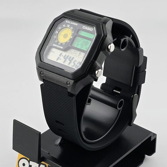 Casio AE-1200 Modified (Black). Color Filtered LCD Watch on Black Sports Silicon Strap