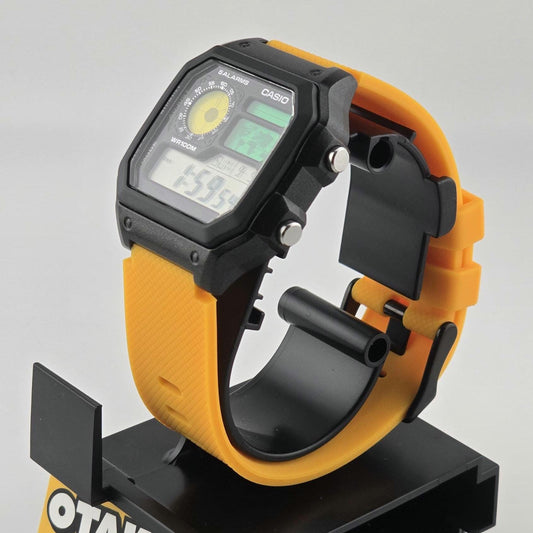Casio AE-1200 Modified (Black). Color Filtered LCD Watch on Orange Sports Silicon Strap