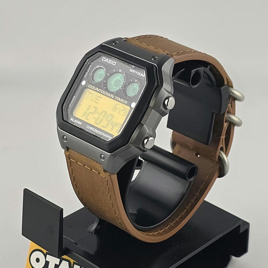 Casio AE-1300 Modified. Color Filtered LCD Watch on Brown Leather Strap